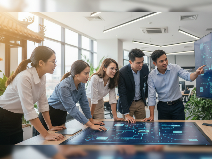 Alt text: Professionals collaborating on AWS DevOps services in Vietnam.