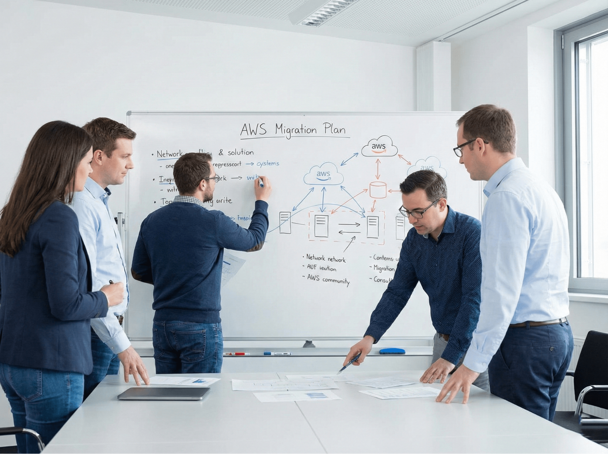 Cloud engineers planning AWS migration with consulting partner