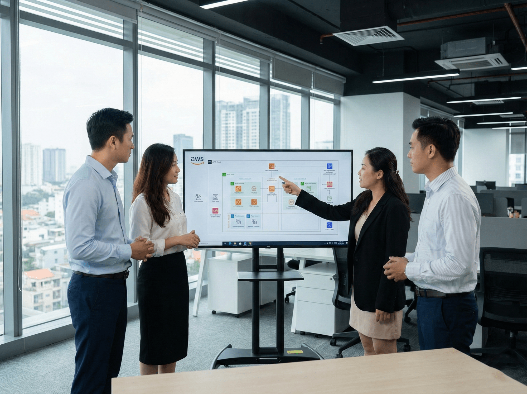 A team discusses an AWS diagram with an AWS consulting partner.
