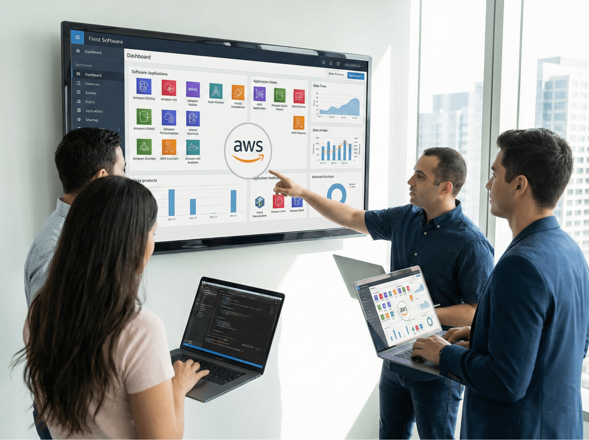 Team reviewing AWS software tools from technology partners