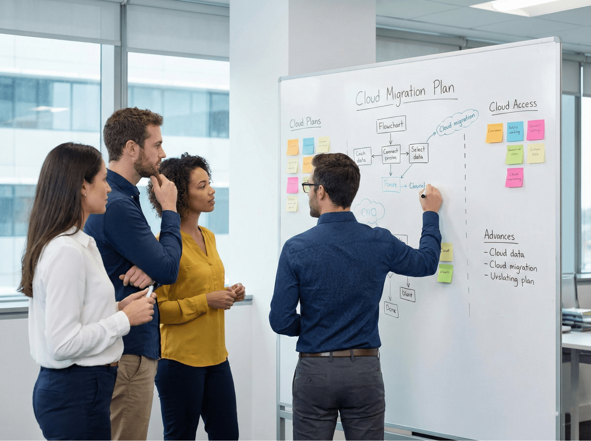 A team receiving guidance on cloud migration plan