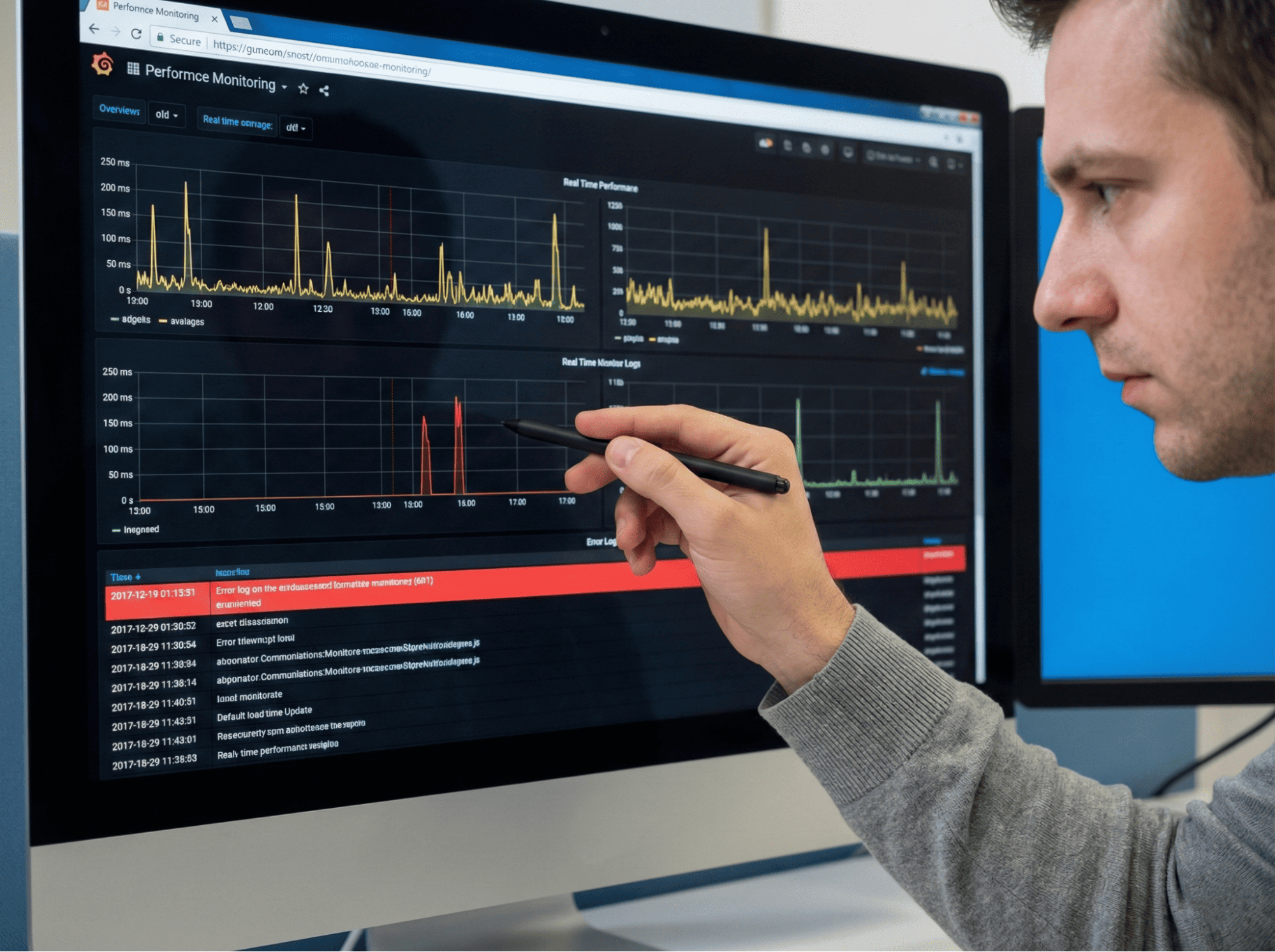 Developer analyzing a performance monitoring dashboard 