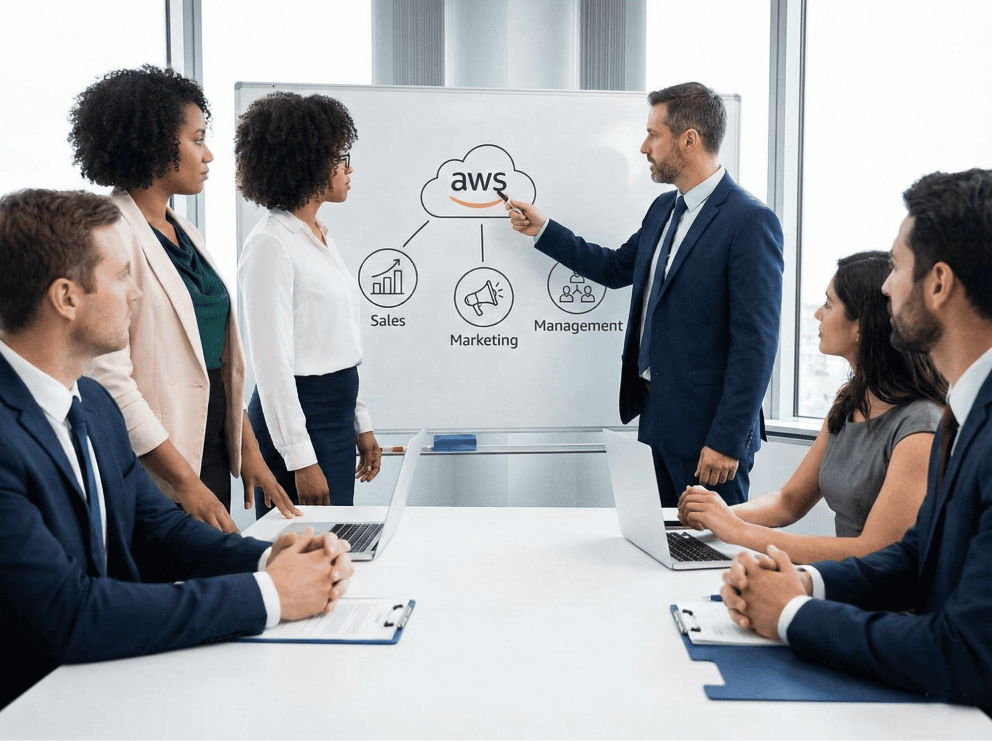 Business team meeting where a presenter points to a whiteboard diagram showing AWS roles for sales, marketing, and management.