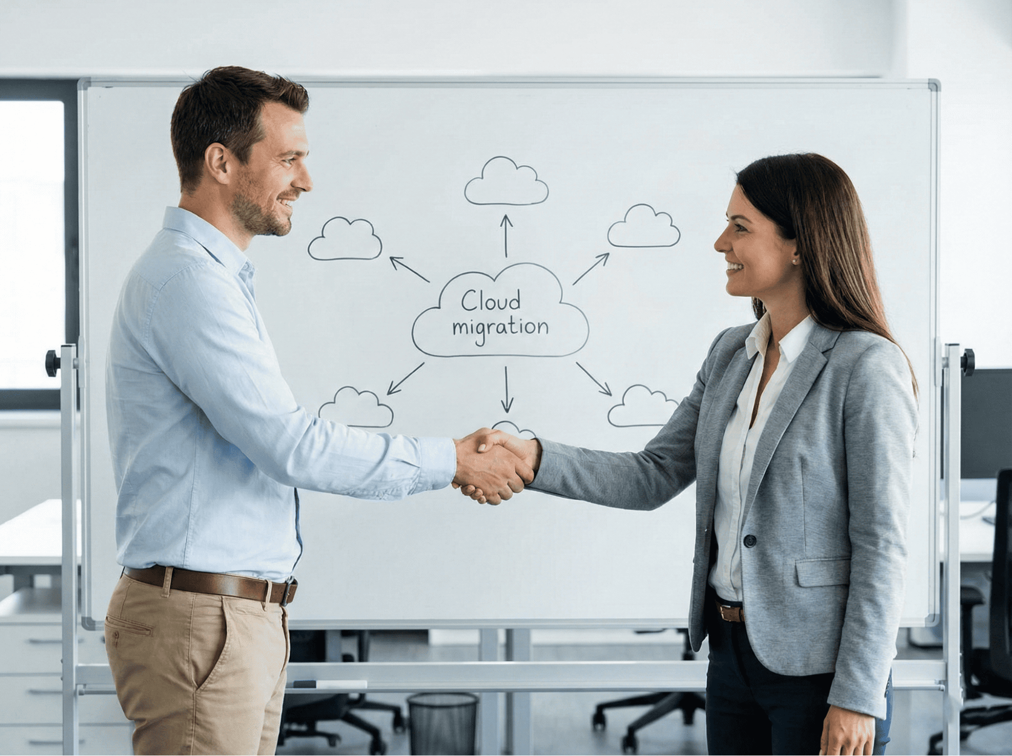 Two professionals shaking hands in front of a whiteboard with a cloud migration strategy diagram.