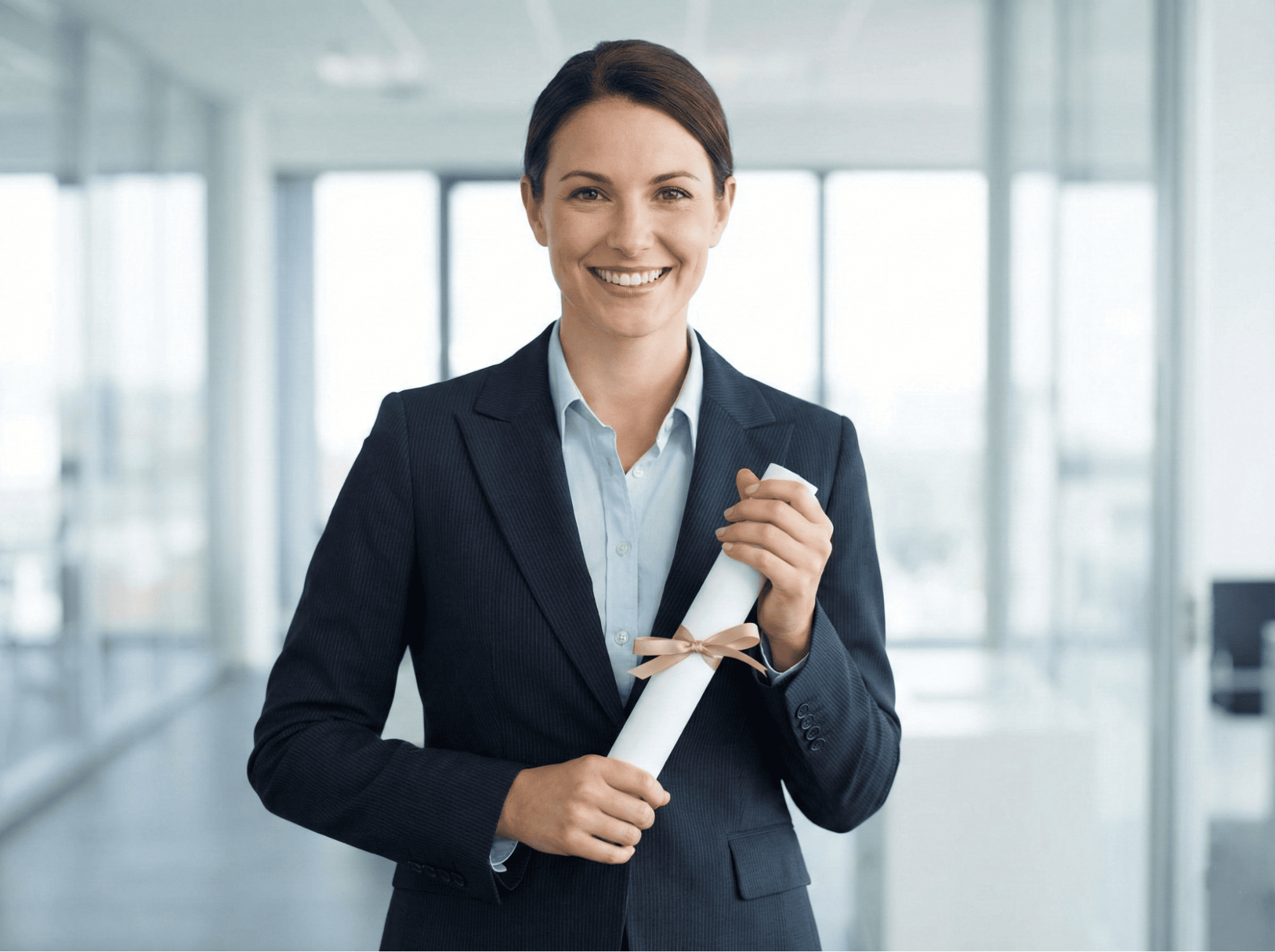 A confident professional holding a certificate, representing career advancement in cloud computing.