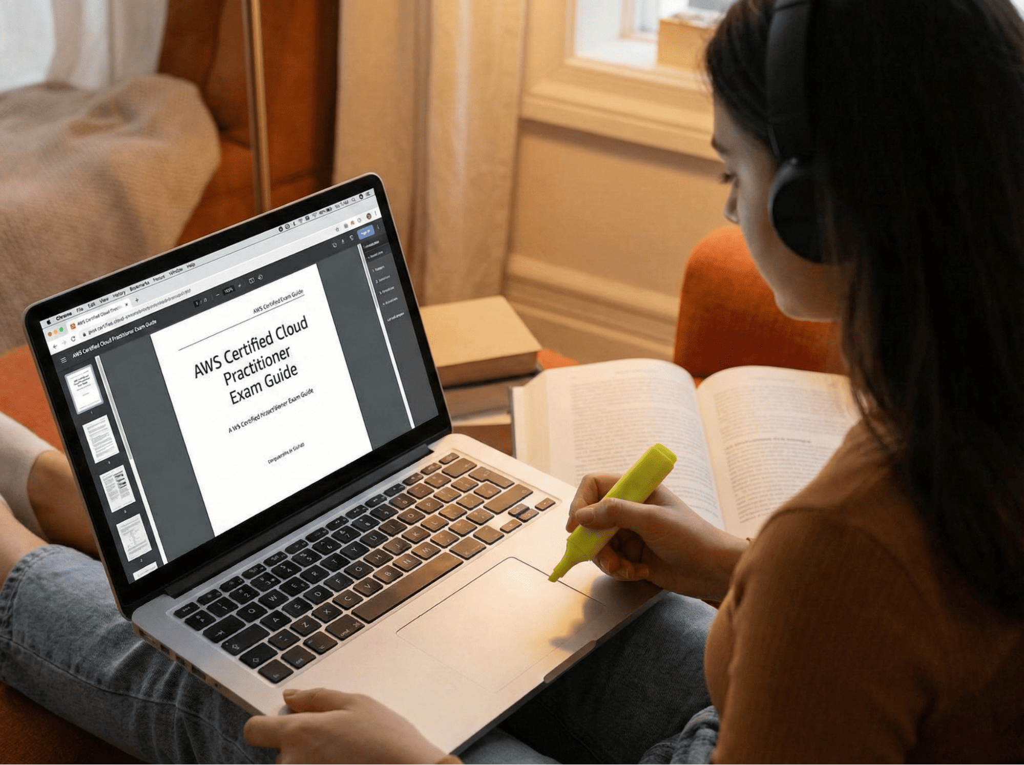 A person with headphones on, studying the AWS Certified Cloud Practitioner Exam Guide