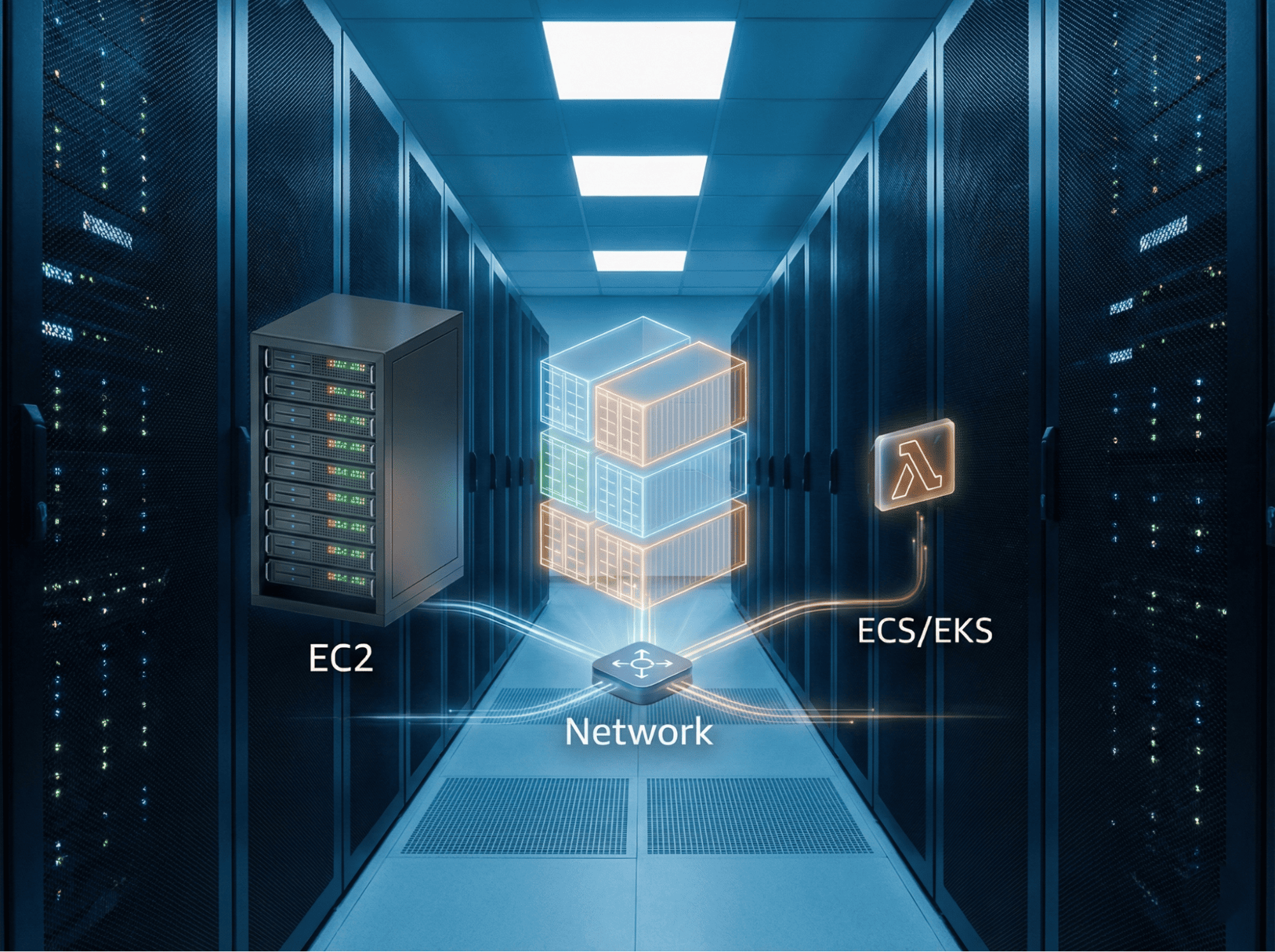 Visual representation of AWS compute services: EC2 server, ECS/EKS containers, and Lambda function in a data center.