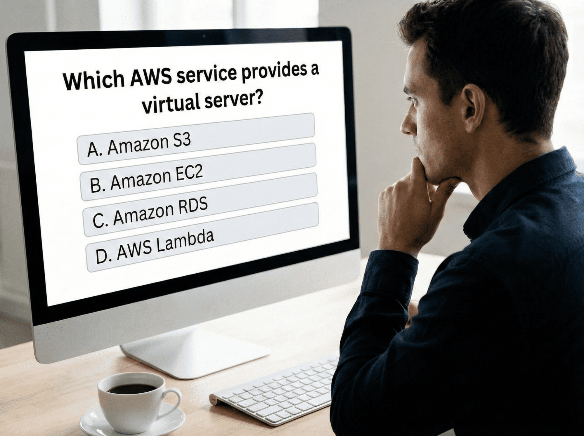 A person looking thoughtfully at a computer screen displaying an AWS practice exam question about virtual servers.