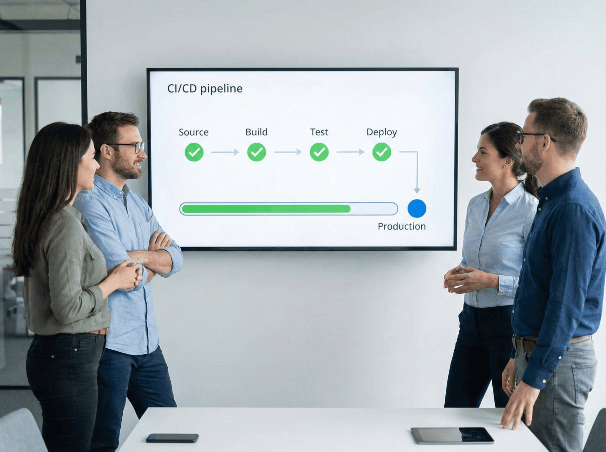 Team of software developers discussing a CI/CD pipeline displayed on a large monitor.