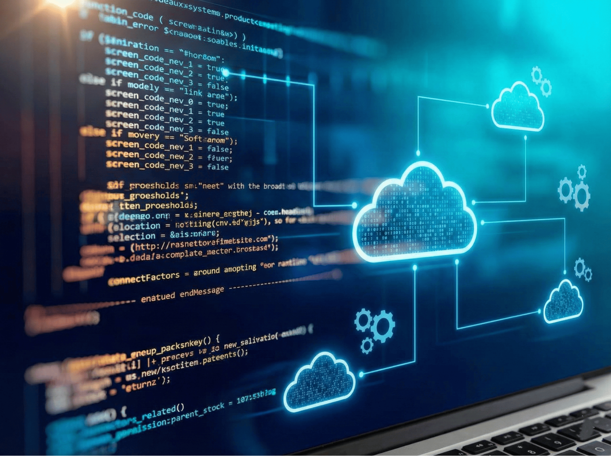 Computer screen displaying code connected to abstract cloud computing icons