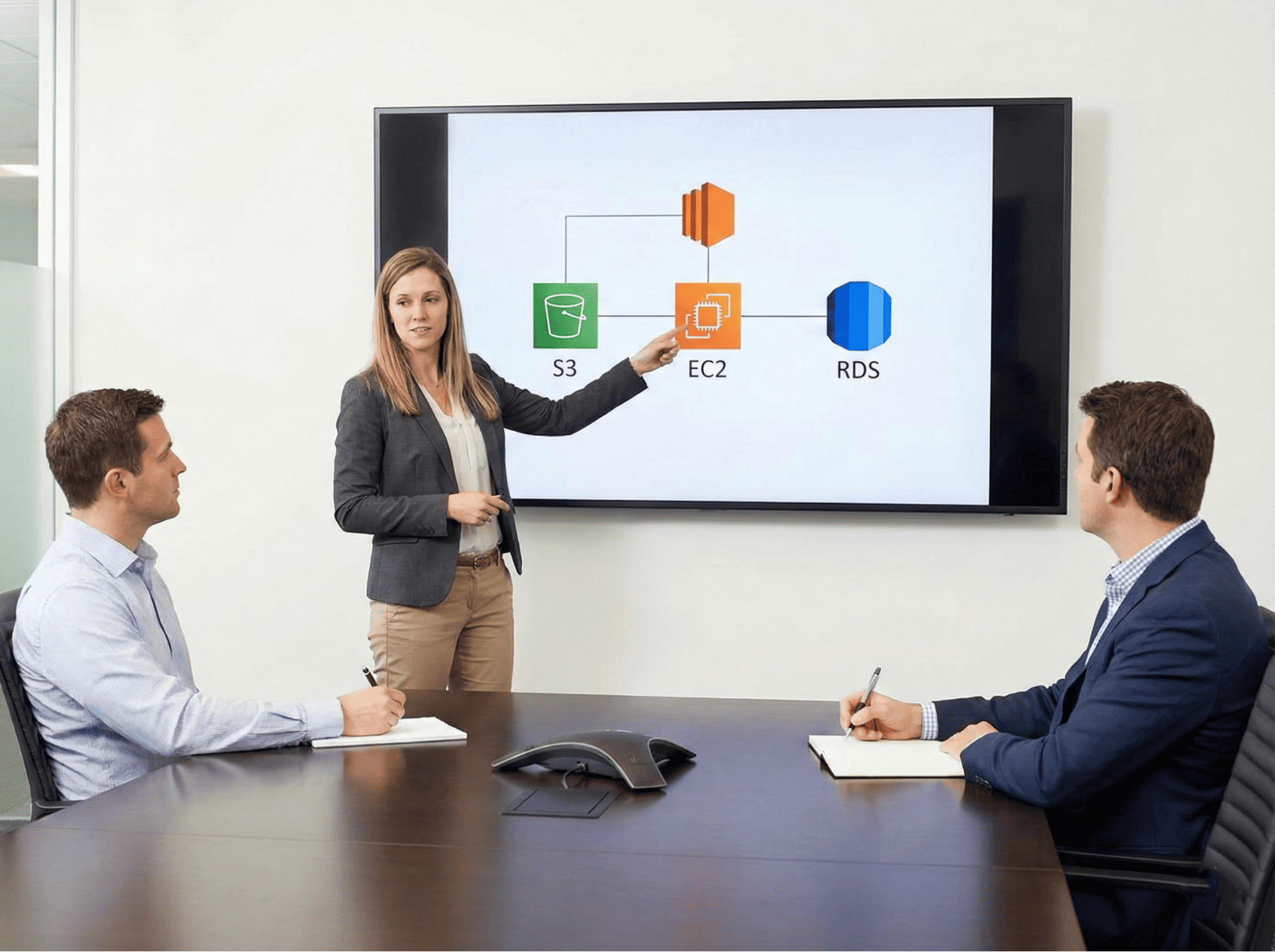 A woman presenting an AWS cloud architecture diagram with S3, EC2, and RDS to two men in a meeting.