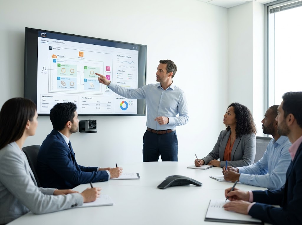 Consultant presenting cloud infrastructure and cost analysis.