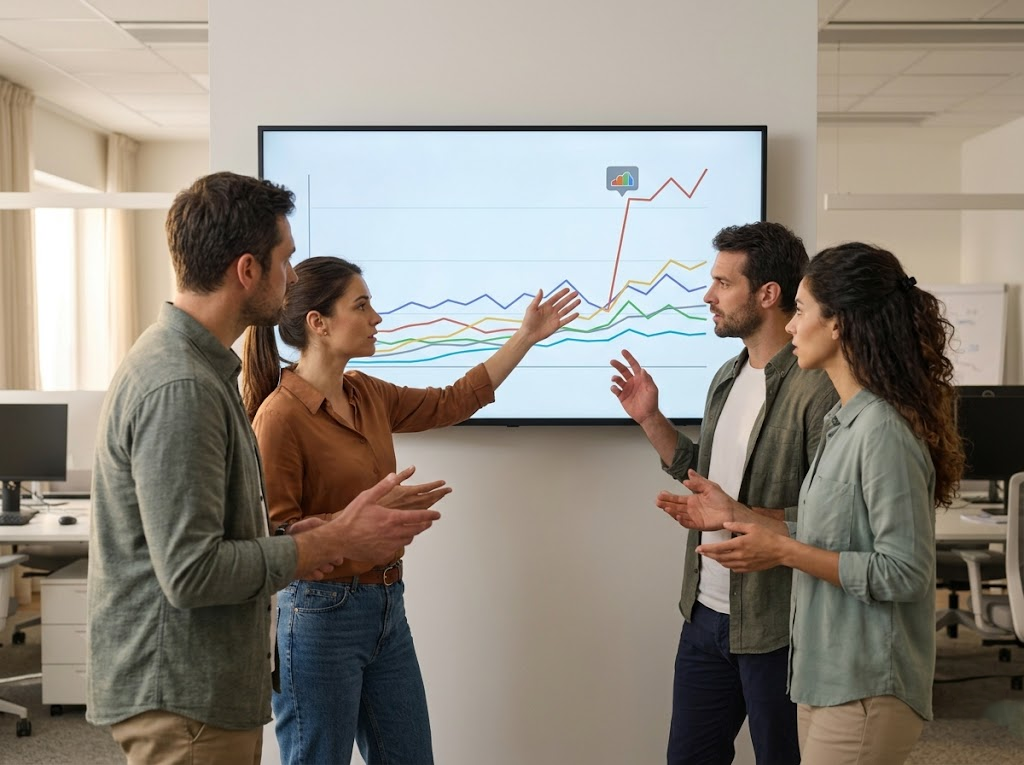 Developers analyze cloud spending spike on a graph.