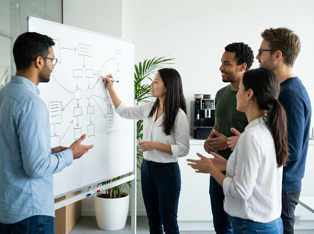 Development team discusses optimization strategies on a whiteboard.