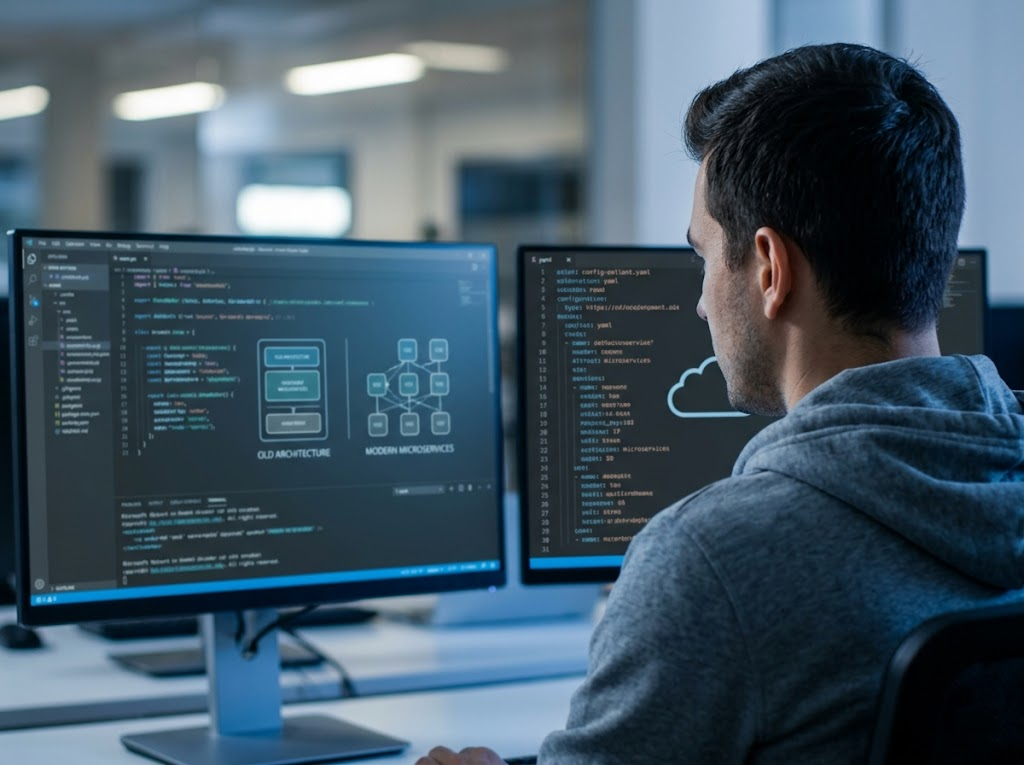 A developer transforms old code into modern microservices architecture.