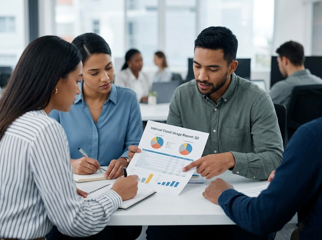 Finance and engineering teams reviewing internal cloud cost reports.