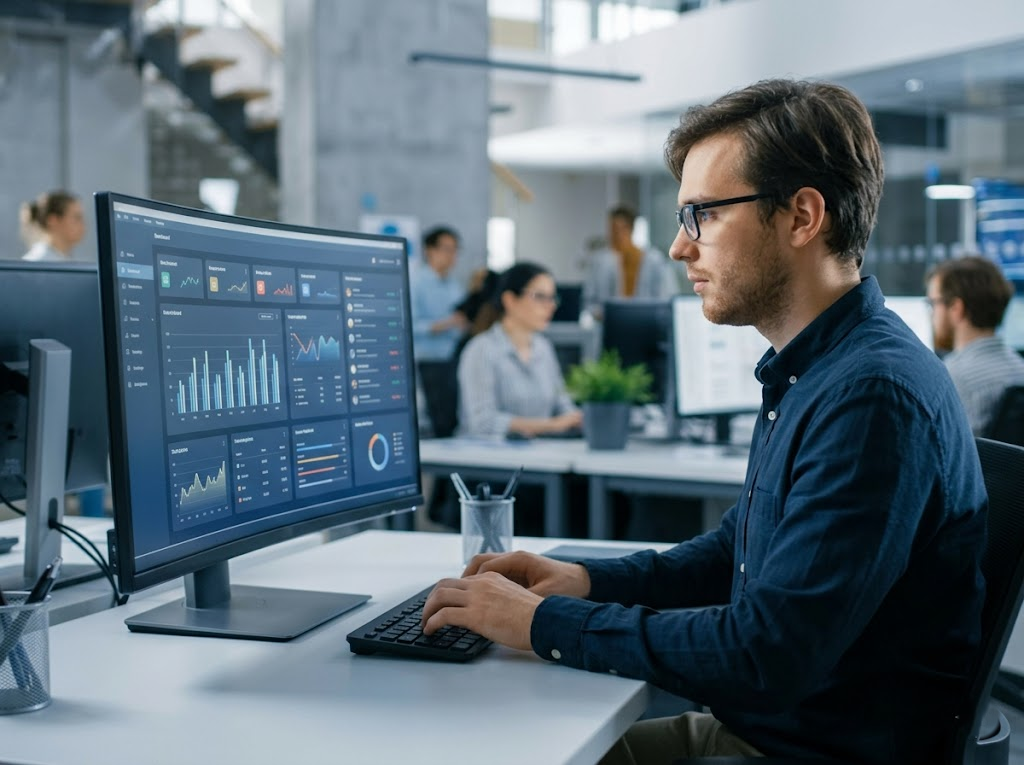 Focused developer analyzing data on a large monitor.