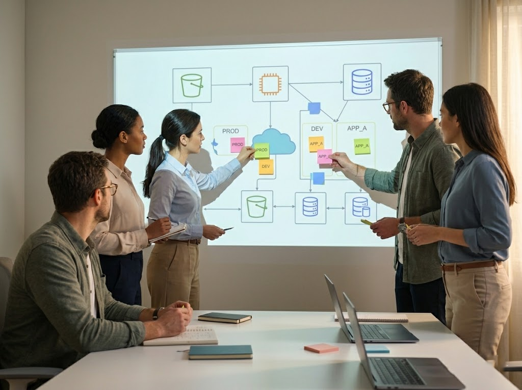 Cross-functional team workshop for resource categorization.