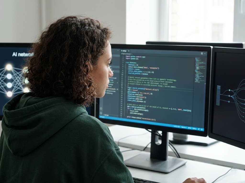 A developer is intensely focused on coding an AI model.