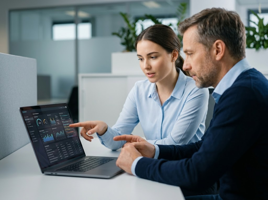 IT specialist assisting a client with data analysis.