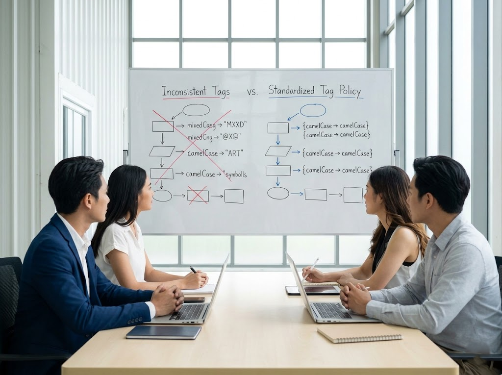 Team collaborates on tagging policies at a whiteboard.