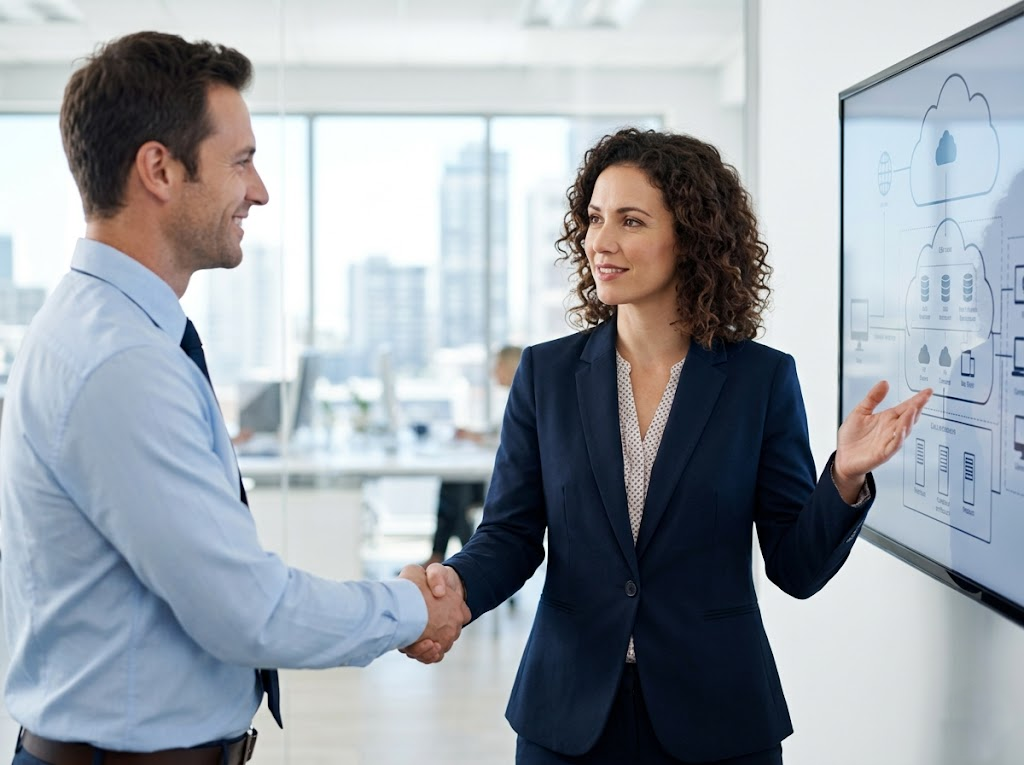 An IT consultant and client shake hands confirming strategy.