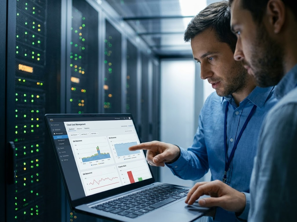 Technicians identifying and targeting wasted cloud resources on dashboards.