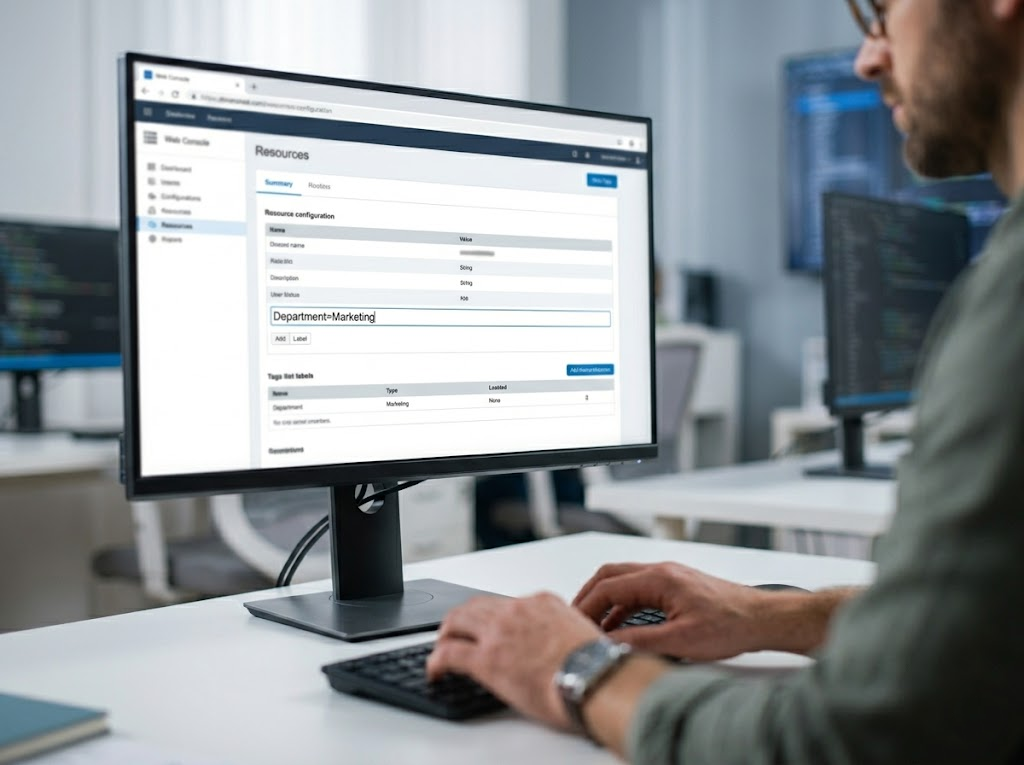 Close-up of developer typing tag label on screen.