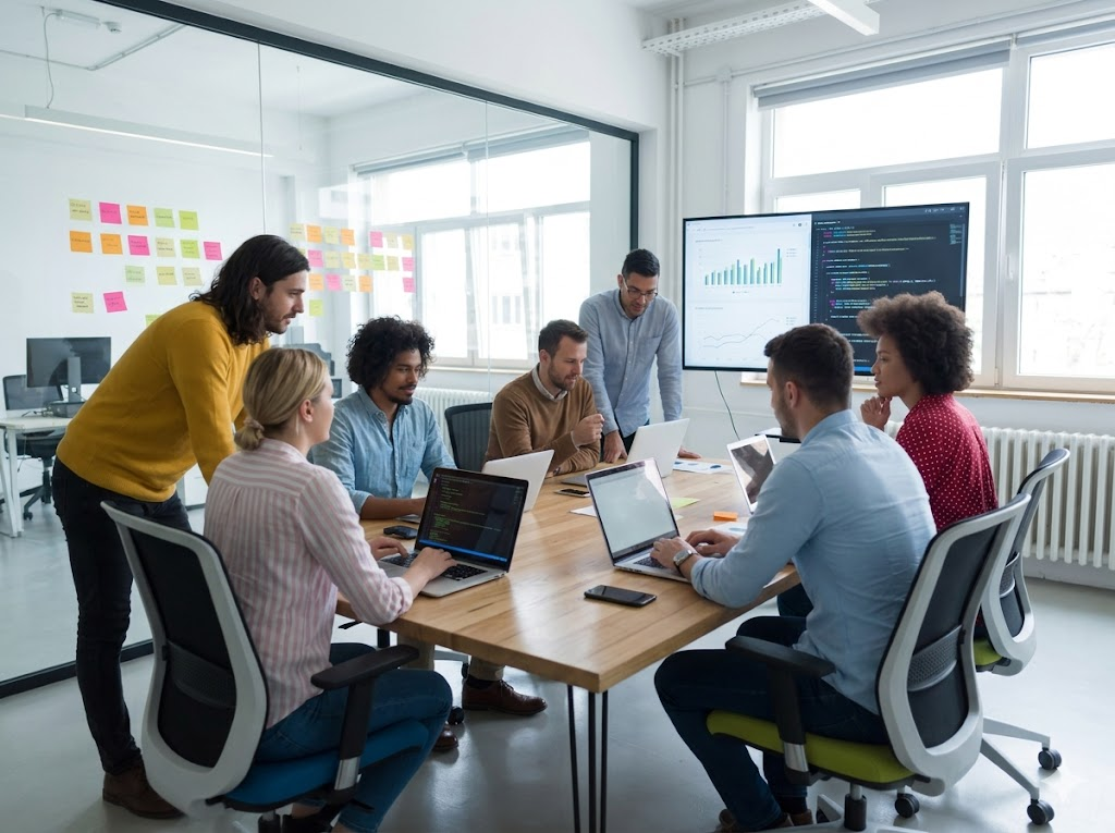 Diverse startup team brainstorming in modern office. 