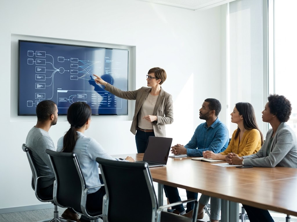 Devs coordinating complex technical presentation. 