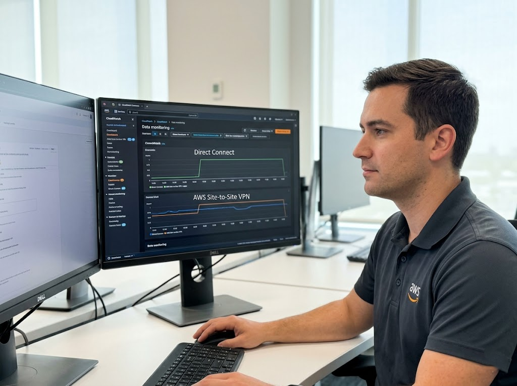 Network engineer monitoring Direct Connect and VPN statuses. 