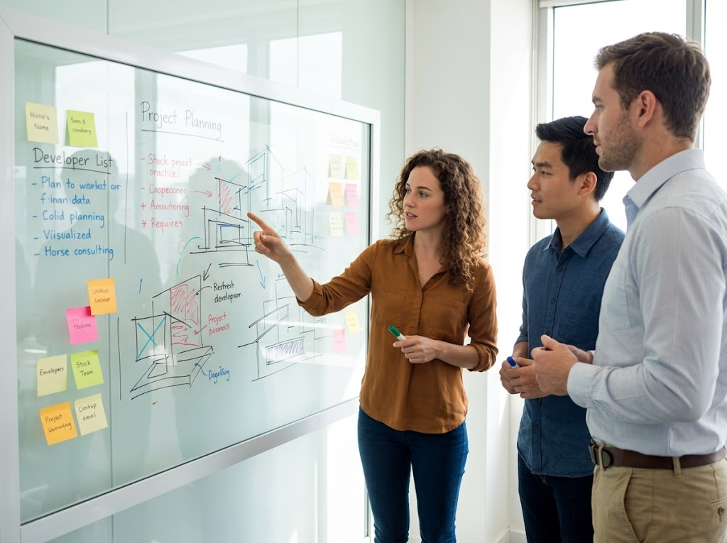 Project team planning on office whiteboard.