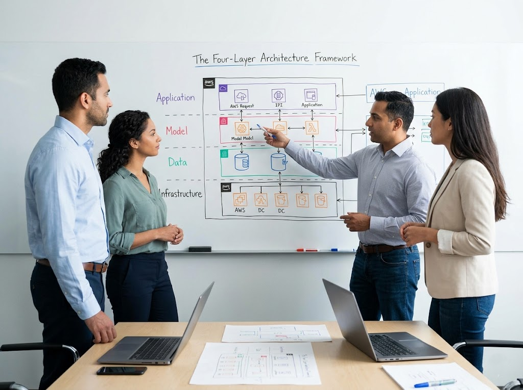 Tech team collaborating on a four-layer architecture plan.