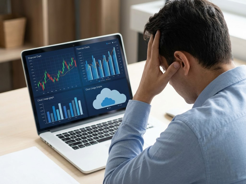 Stressed professional analyzing complex AWS billing charts.
