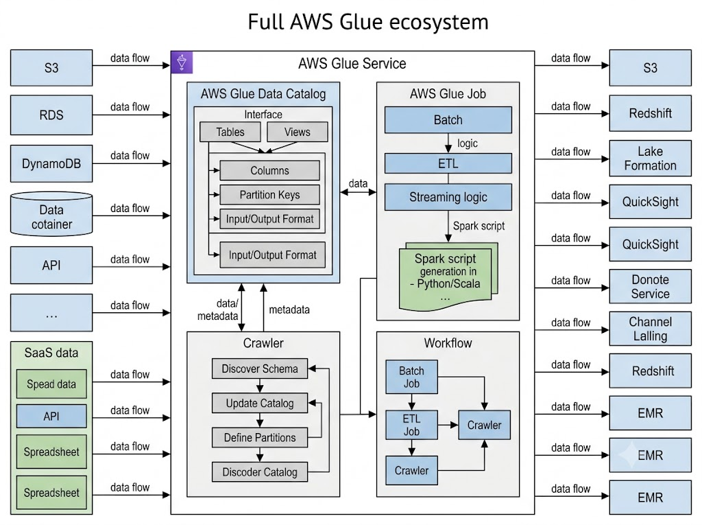 Detailed diagram of the full AWS Glue data ecosystem and components. 