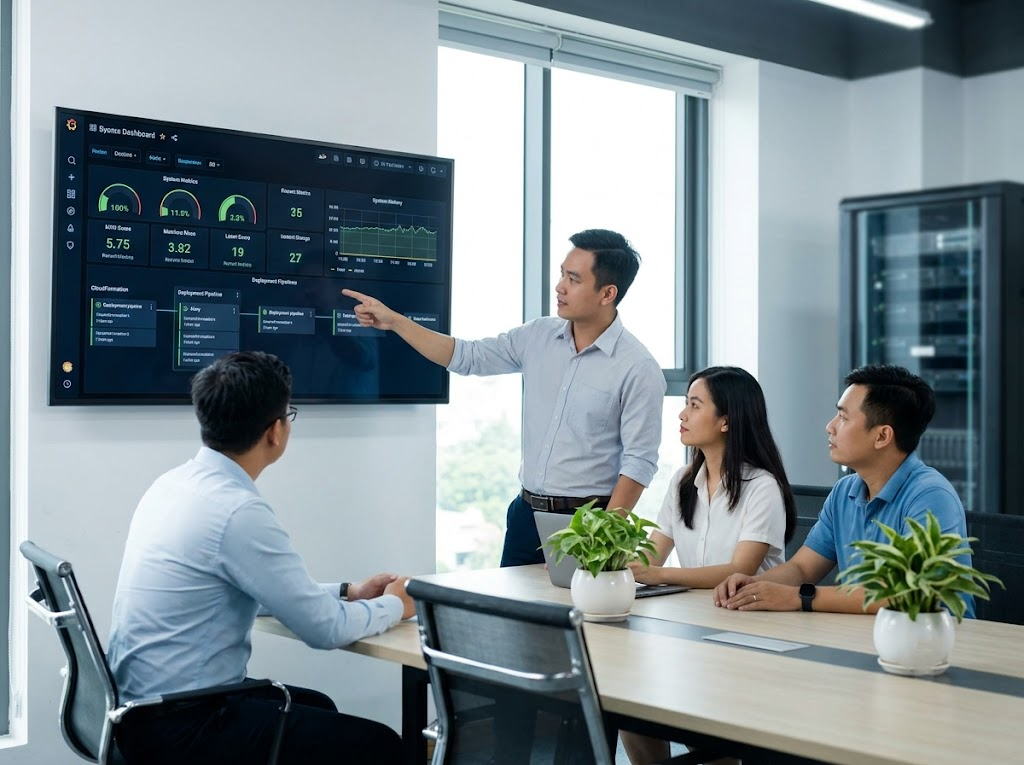 Collaborative Vietnamese DevOps team monitoring system metrics on a dashboard.