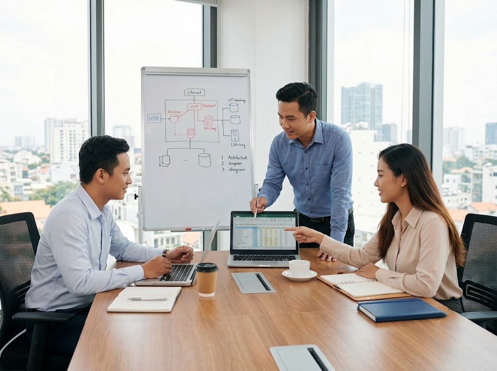 Vietnamese IT team collaborates during a Well-Architected Review workshop.