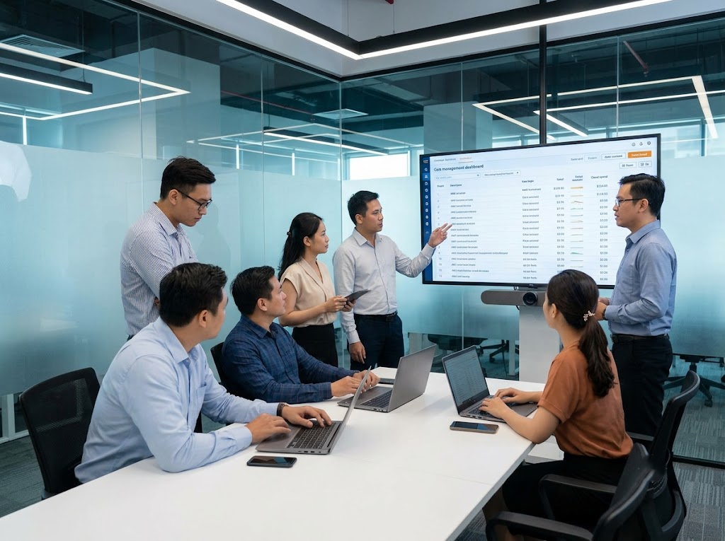 Analysts reviewing data on a cost dashboard.