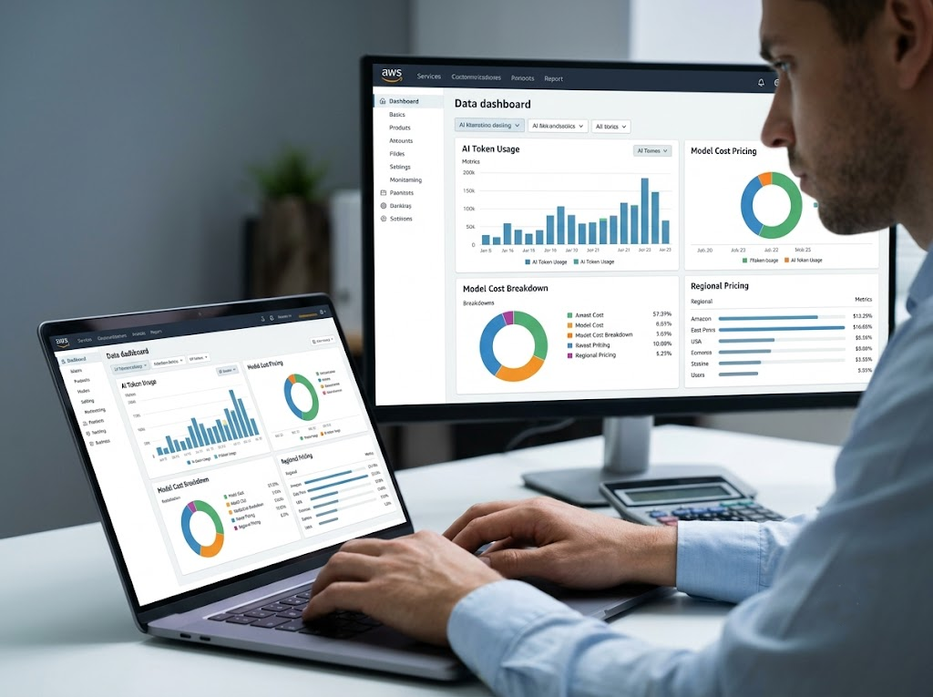 Analyst reviewing AI usage and token pricing on a dashboard. 