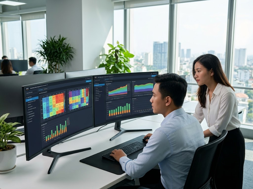 Data analysts focused on multiple curved monitors showing complex visualizations.