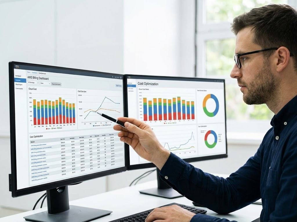 An analyst reviewing a cloud cost optimization dashboard. 