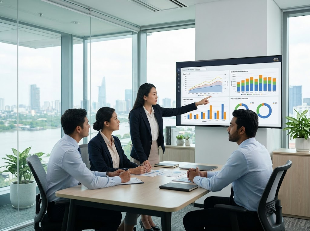 Diverse executives collaborate on proactive governance using dashboard charts.