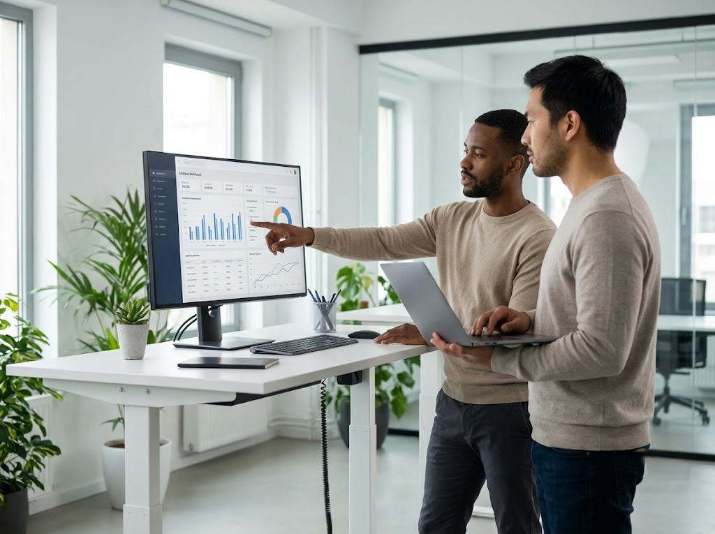 Engineers reviewing a managed database dashboard in a modern office.